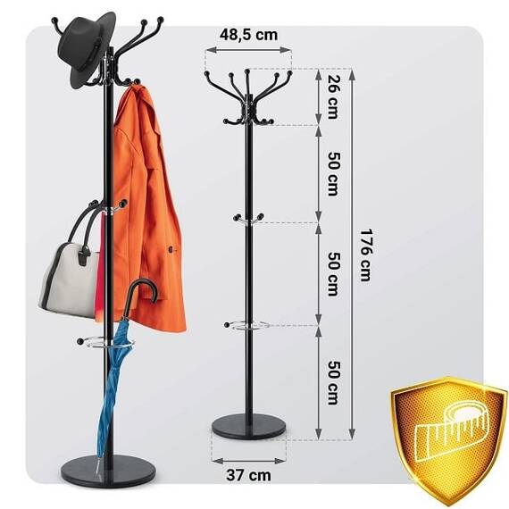 Cuier pentru hol DacEnergy©, structura metalica din otel, baza de marmura, elegant, solid, 176 cm, suport umbrela, 14 carlige, negru - 7- Roveli