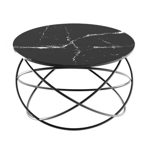 Masuta de cafea DacEnergy©, cadru metalic nichelat, sticla neagra cu aspect marmorat, design unic, atractiv, forma rotunda, fixa, 75 x 45 cm, negru - - Roveli