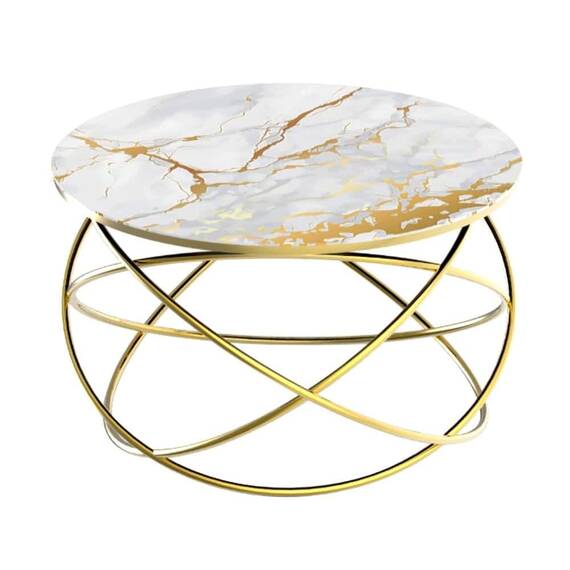 Masuta de cafea DacEnergy©, cadru metalic nichelat, sticla alba cu aspect marmorat, design unic, atractiv, forma rotunda, fixa, 75 x 45 cm, alba - - Roveli