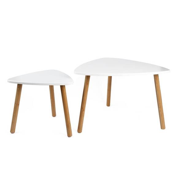 Set masuta living DacEnergy©, realizat din MDF si bambus, forma asimetrica, fixa, 60 x 60 x 40 cm, finisaj natur si alb, 2 bucati - - Roveli