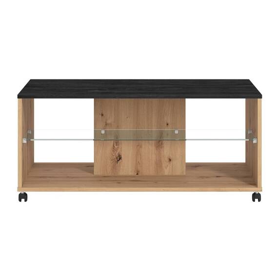Masuta de living DacEnergy©, material PAL melaminat, polita din sticla transparenta, doua rafturi, dreptunghiulara, stejar artisan si carbune, 101 x 60 x 45 cm, 1C - - Roveli