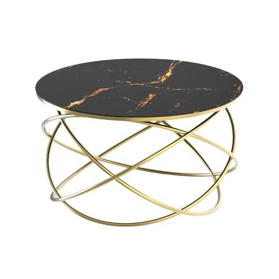 Masuta de cafea DacEnergy©, cadru metalic nichelat, sticla neagra cu aspect marmorat, design unic, atractiv, forma rotunda, fixa, 75 x 45 cm - - Roveli
