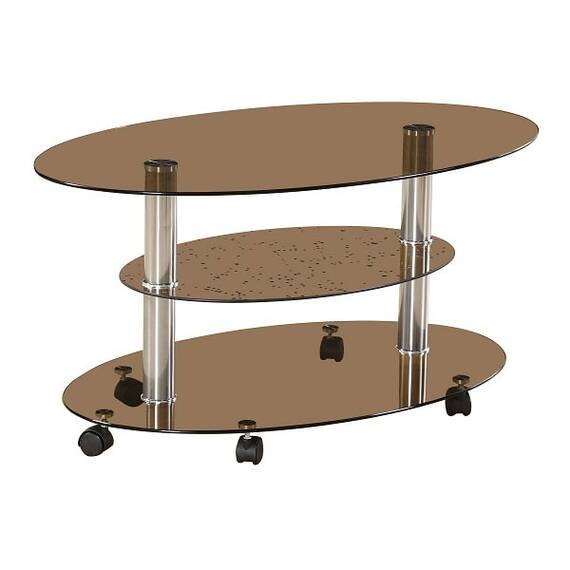 Masuta living DacEnergy©, schelet metalic, finisaj cromat, 3 blaturi din sticla securizata fumurie, forma ovala, 90 x 55 x 44 cm - - Roveli