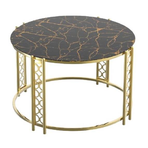 Masuta living DacEnergy©, realizat din cadru metalic nichelat si sticla neagra cu aspect marmorat, forma rotunda, sticla cu grosimea de 4 mm, fixa, 75 x 45 cm - - Roveli