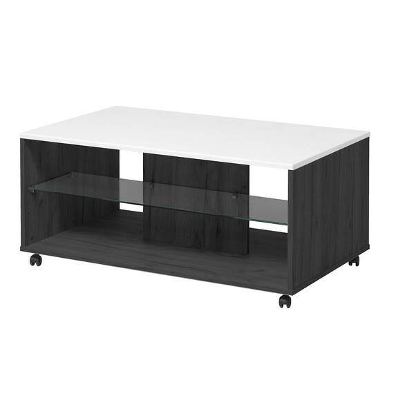Masuta cafea DacEnergy©, material PAL melaminat, aspect de lemn negru, blat din MDF, folie lucioasa alba, polita din sticla transparenta, forma dreptunghiulara, 101 x 60 x 45 cm, 1C - - Roveli