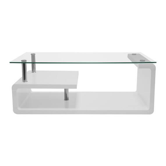 Masuta de cafea DacEnergy©, forma dreptunghiulara, cu raft, blat din sticla, finisaj alb, 110 x 65 x 42 cm - - Roveli