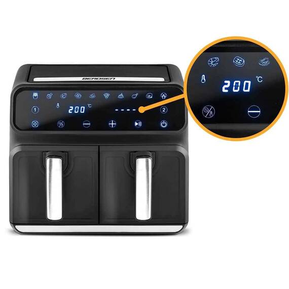 Friteuza cu aer, cos din otel inoxidabil acoperit cu teflon, panou de control al temperaturii, putere 1700 W, doua cosuri, negru si argintiu - 2- Roveli