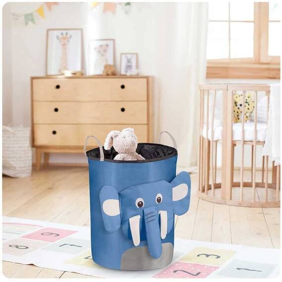 ​Cutie organizator pentru copii DacEnergy©, fabricat din material durabil, capacitate foarte mare, un cordon pentru inchidere, cu manere, imprimeu elefant, 34 x 48 cm, albastru - 2- Roveli
