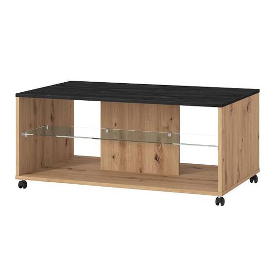 Masuta de living DacEnergy©, material PAL melaminat, polita din sticla transparenta, doua rafturi, dreptunghiulara, stejar artisan si carbune, 101 x 60 x 45 cm, 1C - 2- Roveli