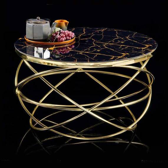 Masuta de cafea DacEnergy©, cadru metalic nichelat, sticla neagra cu aspect marmorat, design unic, atractiv, forma rotunda, fixa, 75 x 45 cm - 2- Roveli