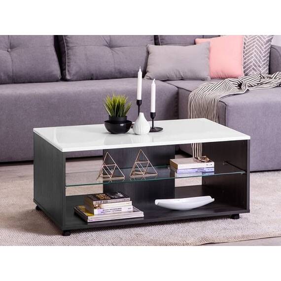 Masuta cafea DacEnergy©, material PAL melaminat, aspect de lemn negru, blat din MDF, folie lucioasa alba, polita din sticla transparenta, forma dreptunghiulara, 101 x 60 x 45 cm, 1C - 2- Roveli