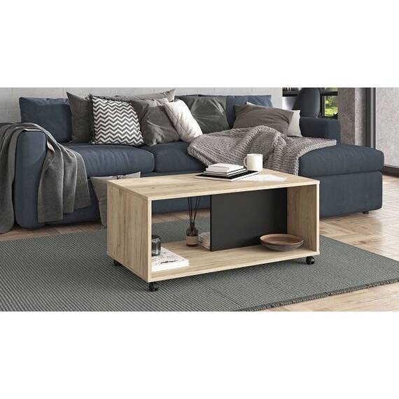 Masuta de living DacEnergy©, material PAL melaminat, aspect de cutie, manevrare facila, dreptunghiulara, stejar gri si negru, 92 x 50.5 x 41.5 cm, 1C - 2- Roveli