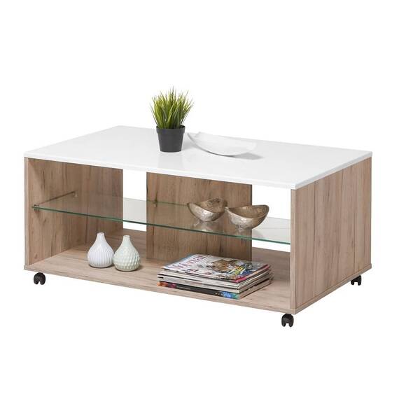 Masuta de living DacEnergy©, material PAL melaminat, MDF infoliat, sticla, doua rafturi, stejar gri si folie lucioasa alba, 101 x 60 x 45 cm, 1C - 2- Roveli