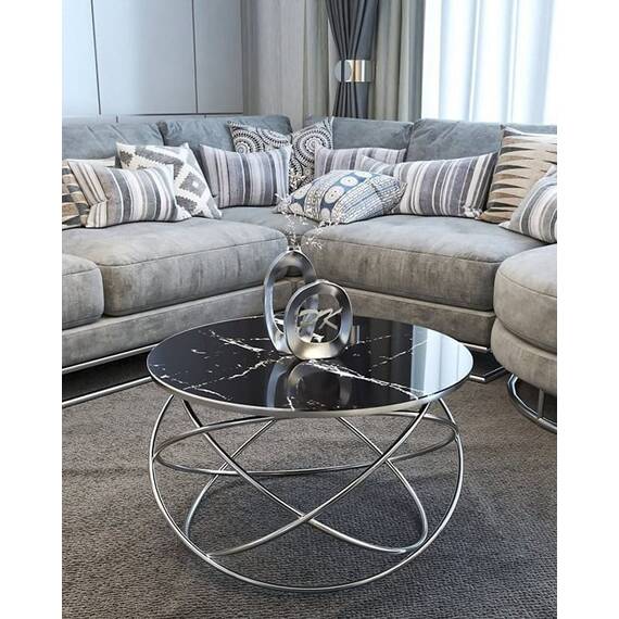 Masuta de cafea DacEnergy©, cadru metalic nichelat, sticla neagra cu aspect marmorat, design unic, atractiv, forma rotunda, fixa, 75 x 45 cm, argintiu - 2- Roveli