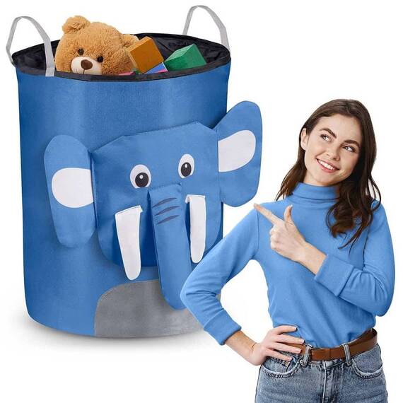 ​Cutie organizator pentru copii DacEnergy©, fabricat din material durabil, capacitate foarte mare, un cordon pentru inchidere, cu manere, imprimeu elefant, 34 x 48 cm, albastru - 3- Roveli