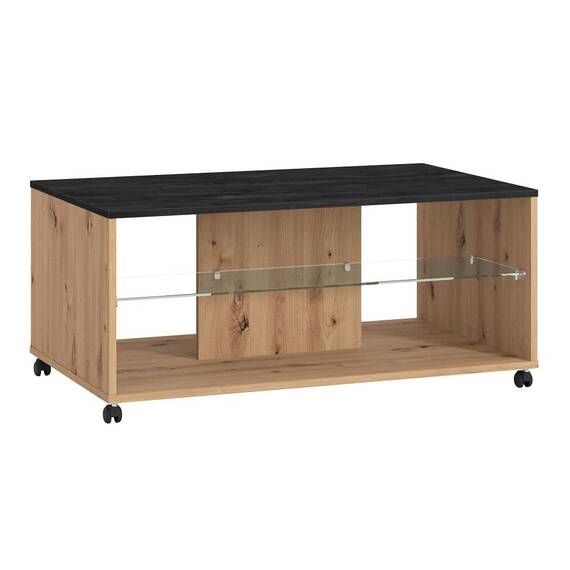 Masuta de living DacEnergy©, material PAL melaminat, polita din sticla transparenta, doua rafturi, dreptunghiulara, stejar artisan si carbune, 101 x 60 x 45 cm, 1C - 3- Roveli