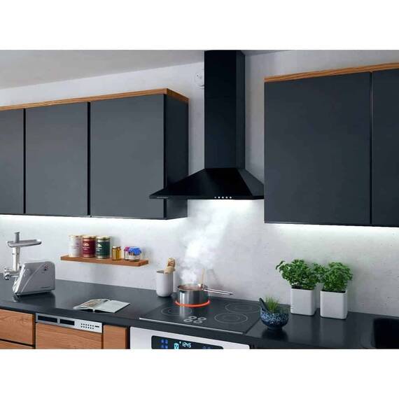 Hotă decorativă încorporată, Capac din oțel inoxidabil, Capacitate de absorbție 350m3/h, 65W, 3 viteze, Buton de control, 60 cm, Negru - 2- Roveli