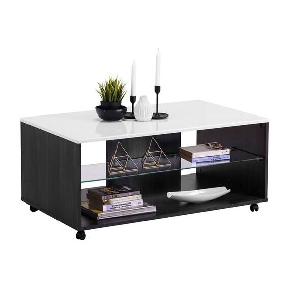 Masuta cafea DacEnergy©, material PAL melaminat, aspect de lemn negru, blat din MDF, folie lucioasa alba, polita din sticla transparenta, forma dreptunghiulara, 101 x 60 x 45 cm, 1C - 3- Roveli