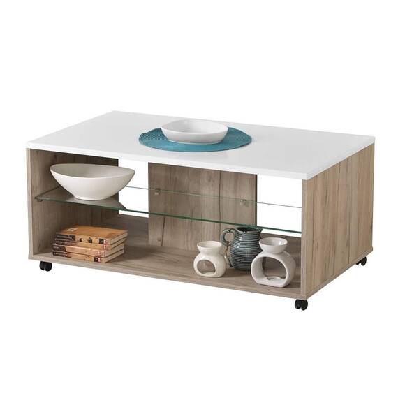 Masuta de living DacEnergy©, material PAL melaminat, MDF infoliat, sticla, doua rafturi, stejar gri si folie lucioasa alba, 101 x 60 x 45 cm, 1C - 3- Roveli