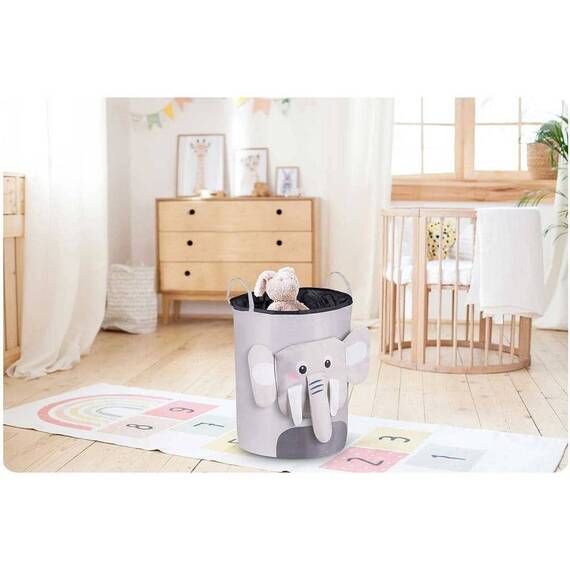 Cutie organizator pentru copii DacEnergy©, fabricat din material durabil, capacitate foarte mare, un cordon pentru inchidere, cu manere, imprimeu elefant, 34 x 48 cm, gri - 4- Roveli