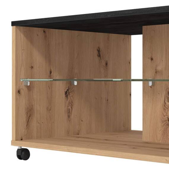 Masuta de living DacEnergy©, material PAL melaminat, polita din sticla transparenta, doua rafturi, dreptunghiulara, stejar artisan si carbune, 101 x 60 x 45 cm, 1C - 4- Roveli