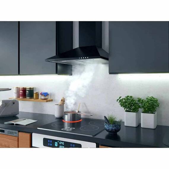 Hotă decorativă încorporată, Capac din oțel inoxidabil, Capacitate de absorbție 350m3/h, 65W, 3 viteze, Buton de control, 60 cm, Negru - 3- Roveli