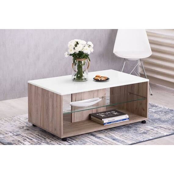 Masuta de living DacEnergy©, material PAL melaminat, MDF infoliat, sticla, doua rafturi, stejar gri si folie lucioasa alba, 101 x 60 x 45 cm, 1C - 4- Roveli