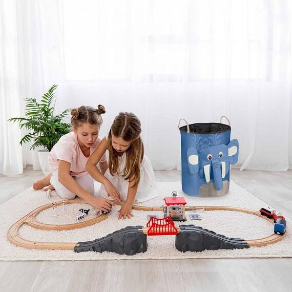 ​Cutie organizator pentru copii DacEnergy©, fabricat din material durabil, capacitate foarte mare, un cordon pentru inchidere, cu manere, imprimeu elefant, 34 x 48 cm, albastru - 5- Roveli