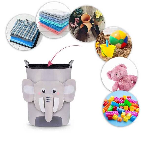 Cutie organizator pentru copii DacEnergy©, fabricat din material durabil, capacitate foarte mare, un cordon pentru inchidere, cu manere, imprimeu elefant, 34 x 48 cm, gri - 5- Roveli