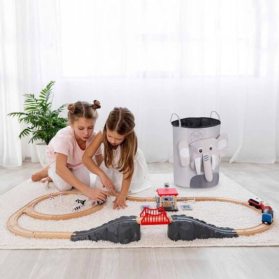 Cutie organizator pentru copii DacEnergy©, fabricat din material durabil, capacitate foarte mare, un cordon pentru inchidere, cu manere, imprimeu elefant, 34 x 48 cm, gri - 6- Roveli