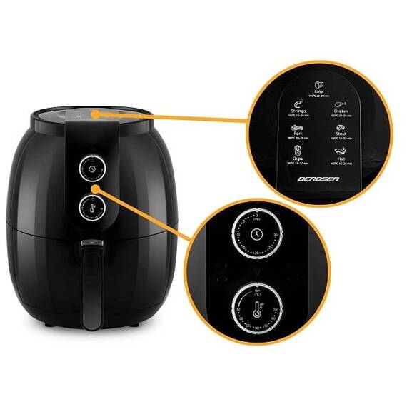 Friteuza cu aer, cos din otel inoxidabil acoperit cu teflon, panou de control al temperaturii, putere 1300 W, capacitate bol 3,6 l, negru ​ - 8- Roveli