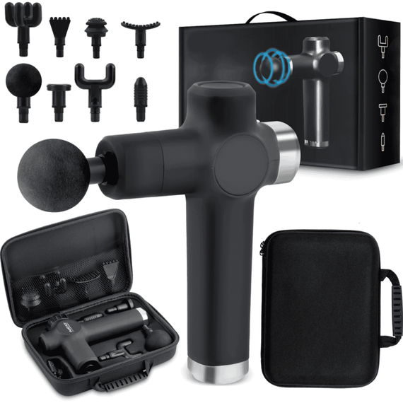 Pistol de masaj corporal, 8 accesorii, protectie la supraincalzire, 3200 rotatii pe minut, 7 trepte de viteza, design ergonomic, negru mat - - Roveli