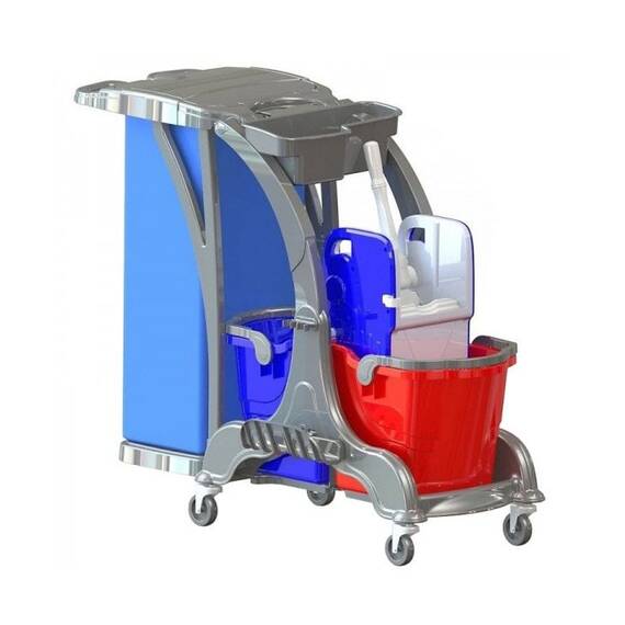 Carucior de curatenie DacEnergy©, constructia solida, 2 galeti, 25 litri, storcator profesional pentru mop, spatiu depozitare produse de curatenie, albastru si rosu - - Roveli