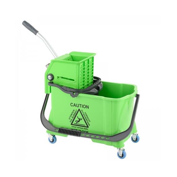 Carucior de curatenie DacEnergy©, plastic durabil, capacitate dubla, 10 si 24 l, storcator profesional pentru mop, patru roti, maner ergonomic, verde - - Roveli
