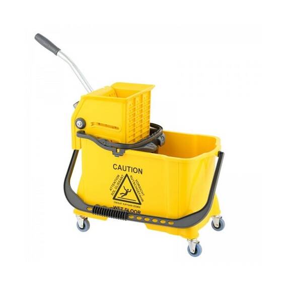 Carucior de curatenie DacEnergy©, plastic durabil, capacitate dubla, 10 si 24 l, storcator profesional pentru mop, patru roti, maner ergonomic, galben - - Roveli