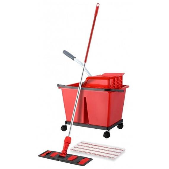 Set de curatenie profesional DacEnergy©, maner din aluminiu, mop plat din microfibra cu lungimea de 40 cm, storcator tip presa, galeata cu 2 compartimente, rosu - - Roveli