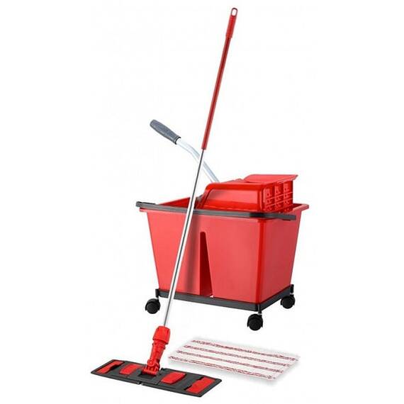 Set de curatenie profesional DacEnergy©, maner din aluminiu, mop plat din microfibra cu lungimea de 40 cm, storcator tip presa, galeata cu 2 compartimente, rosu - - Roveli