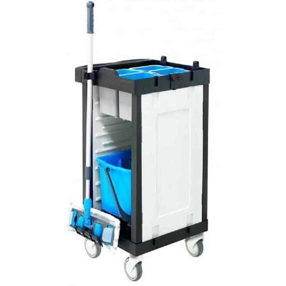 Carucior pentru curatenie DacEnergy©, cadru din plastic cu pereti, 4 galeti pt lavete preimpregnate, 1 galeata de 20 L cu separator, cu roti, maner ergonomic pentru impingere - - Roveli