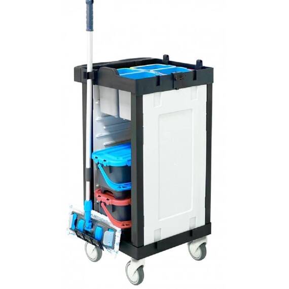 ​Carucior pentru curatenie DacEnergy©, cadru din plastic cu pereti, 4 galeti de 5 L cu site pentru dozare, 2 galeti etanse de 10 L cu site de dozare, suport pentru sprijin mop - - Roveli