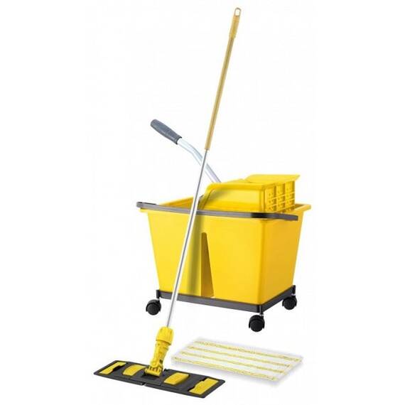 Set de curatenie profesional DacEnergy©, maner din aluminiu, mop plat din microfibra cu lungimea de 40 cm, storcator tip presa, galeata cu 2 compartimente, galben - - Roveli