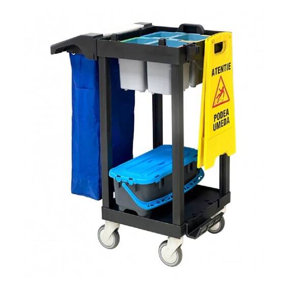 Carucior pentru curatenie DacEnergy©, 4 galeti de 5 L cu site pentru dozare, 1 galeata etansa de 10 L , cadru sac cu capac, maner ergonomic pentru impingere - - Roveli