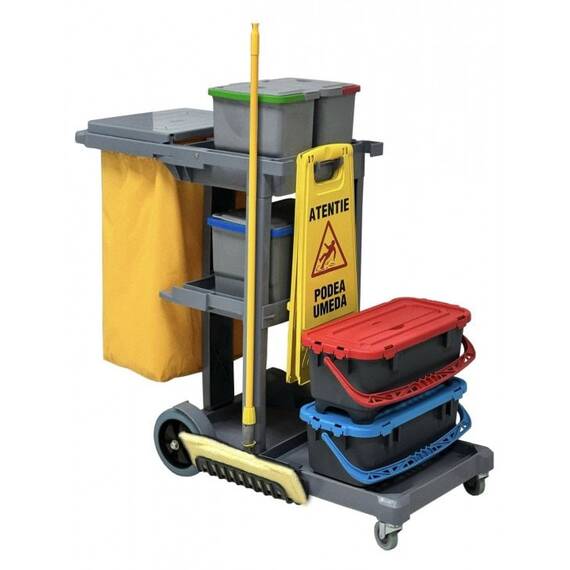 Carucior curatenie in spital pentru mop talpa DacEnergy©, plastic, cadru cu roti mari, 2 galeti etanse de 20L, 4 galeti de 8L, cadru sac cu capac - - Roveli