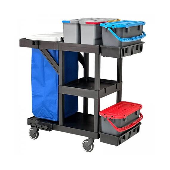 ​Carucior pentru curatenie in spital DacEnergy©, 2 galeti etanse de 20 L cu site de dozare, 4 galeti de 8L, cadru sac cu capac, spatiu depozitare produse de curatenie - 2- Roveli