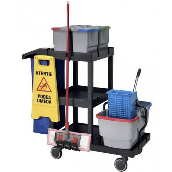 Carucior pentru curatenie DacEnergy©, sac din PVC , 4 galeti de 8 L, 2 galeti de 22 L, cadru sac cu capac, spatiu depozitare produse de curatenie, storcator profesional tip presa - - Roveli