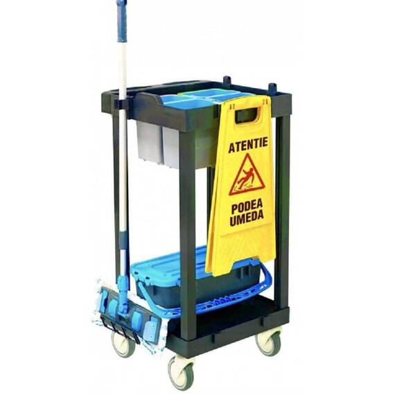 Carucior pentru curatenie DacEnergy©, 4 galeti de 5 L cu site pentru dozare, 1 galeata etansa pt mopuri plate preimpregnate, cu agatatoare, 4 roti - - Roveli