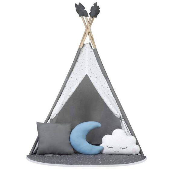 Cort de joaca pentru copii, realizat din material durabil, bumbac, stil Montessori, 3 perne, pene decorative, un stabilizator, 116 x 116 x 165 cm, gri - - Roveli