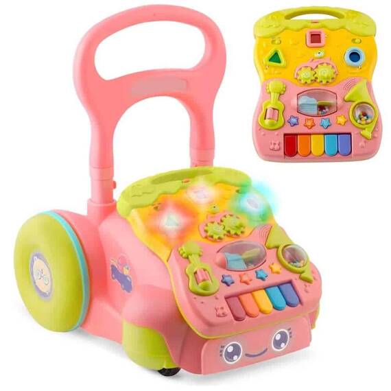 Premergator pentru copii 2in1, solid si durabil, roti cu blocare si cauciuc antiderapant, cu pian pe un panou educational, cu sunet, 40,5 x36 x46 cm, roz - 2- Roveli