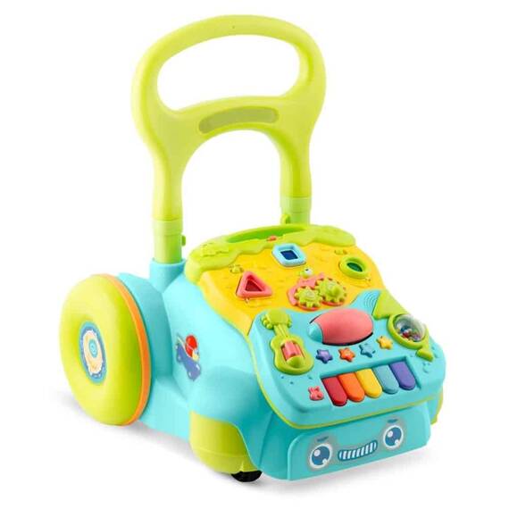 Premergator pentru copii 2in1 , solid si durabil, roti cu blocare si cauciuc antiderapant, cu pian pe un panou educational, cu sunet, 40,5 x36 x46 cm, turcoaz - - Roveli