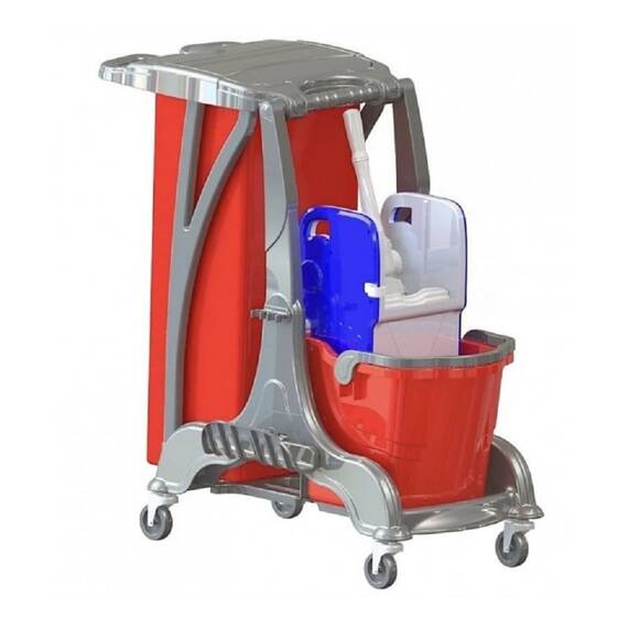 Carucior de curatenie DacEnergy©, realizat din plastic, design ergonomic, o galeata, 25 litri, storcator profesional pentru mop, rosu si gri - - Roveli