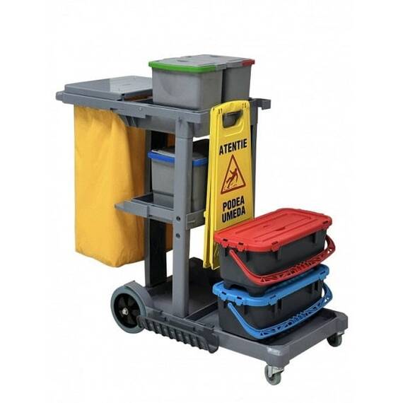 Carucior curatenie in spital pentru mop talpa DacEnergy©, plastic, cadru cu roti mari, 2 galeti etanse de 20L, 4 galeti de 8L, cadru sac cu capac - 2- Roveli